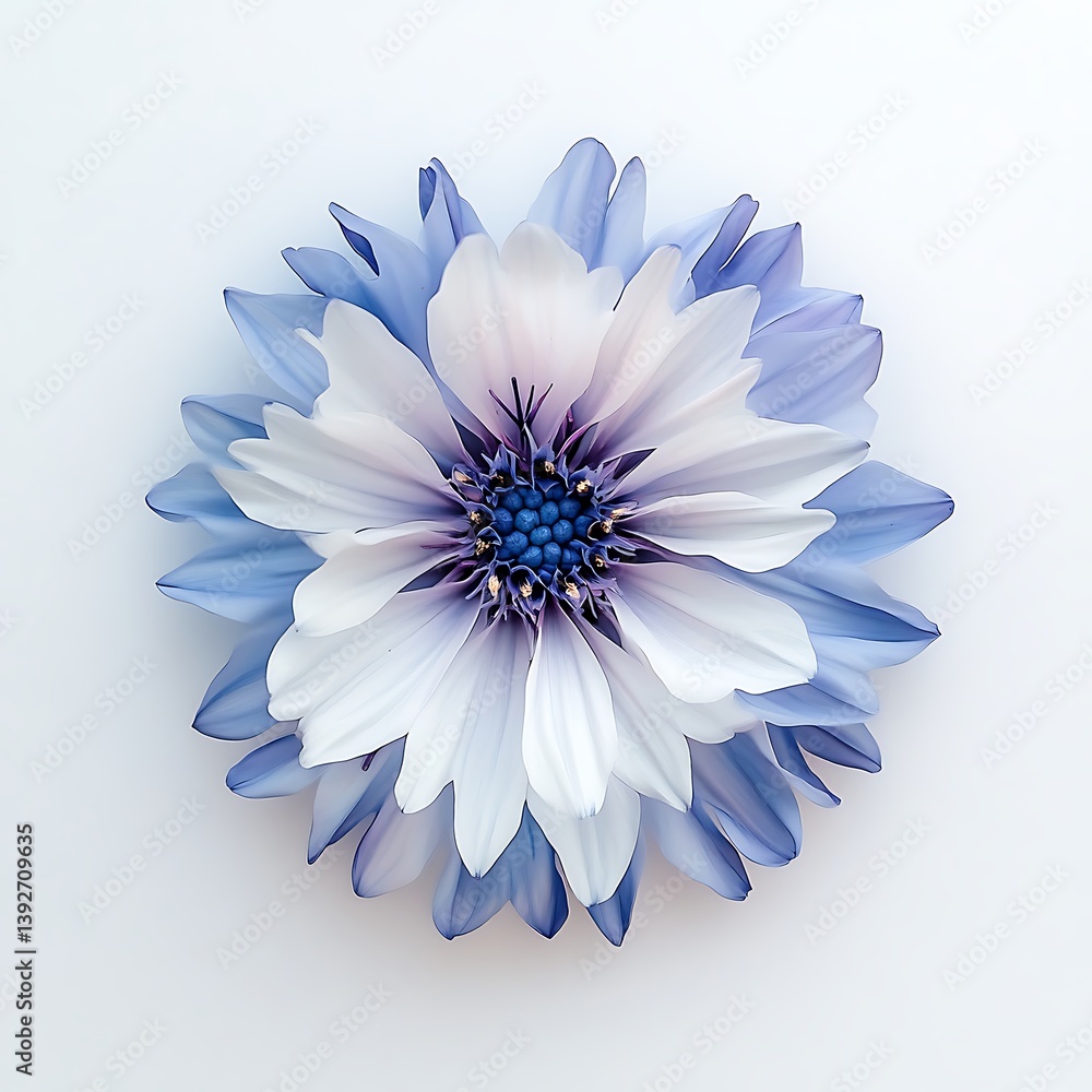 Obraz premium Single blossom, blue & white, center view, on a white background. For floral design or greeting cards