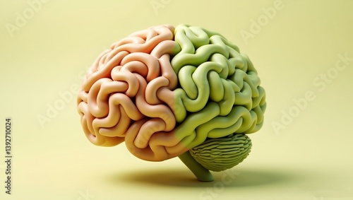 3D render of a conceptual culinary art featuring a human brain shape dessert crafted from creamy hazelnut and pistachio gelato half green and the other half is cream