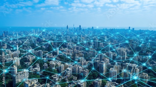Fototapeta Naklejka Na Ścianę i Meble -  Abstract futuristic smart city concept with glowing digital network connections over blue metropolis skyline, top view of interconnected urban infrastructure with data transfer visualization. Technolo