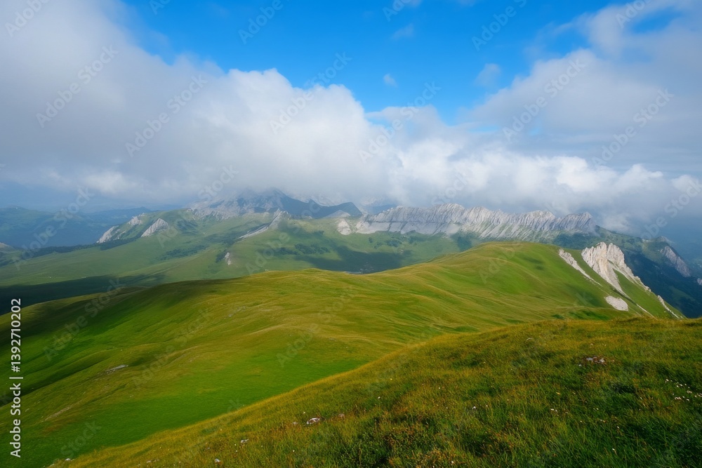 Fototapeta premium Lush green hills under cloudy blue sky, mountainous backdrop visible