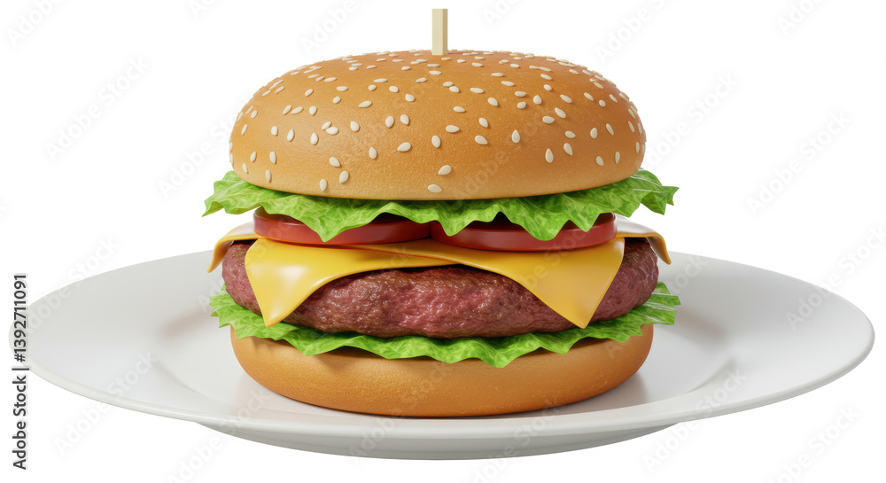 Isolated Delicious Burger with Cheese Lettuce and Tomato on White Plate Isolated Delicious Burger with Cheese Lettuce and Tomato on White Plate