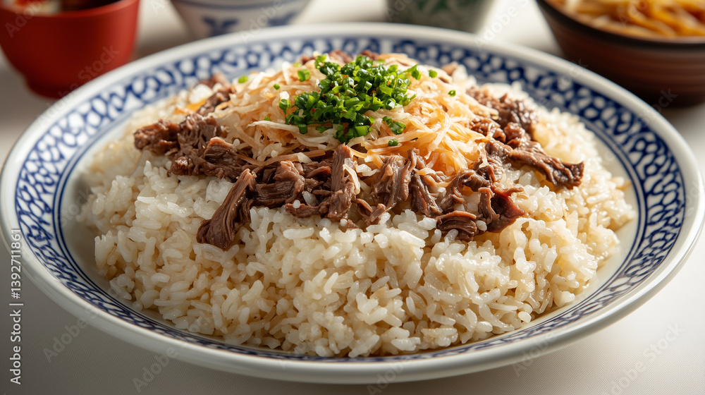 Authentic Middle Eastern Riz Bi Lahme Plate with Beef and Green Herbs on Rice Dish Authentic Middle Eastern Riz Bi Lahme Plate with Beef and Green Herbs on Rice Dish