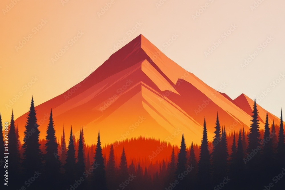 Flat Design Illustration of Forest and Peaks