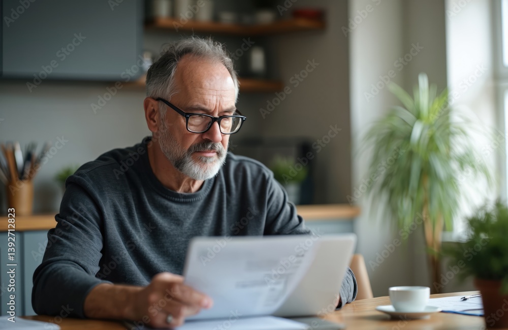 Middle aged man at home reviews paperwork and bills. Man wearing glasses focuses on finances. Freelancer or businessman managing home office productivity. Home working lifestyle, remote job. Middle aged man at home reviews paperwork and bills. Man wearing glasses focuses on finances. Freelancer or businessman managing home office productivity. Home working lifestyle, remote job.