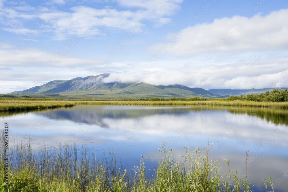 Mountain backdrop reflecting perfectly into calm waters under cloudy skies Mountain backdrop reflecting perfectly into calm waters under cloudy skies