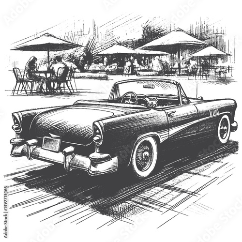 Hand-Drawn 1950s Convertible Vector – Sketch Style Vintage Car Illustration for T-Shirts, Stickers, and Posters.