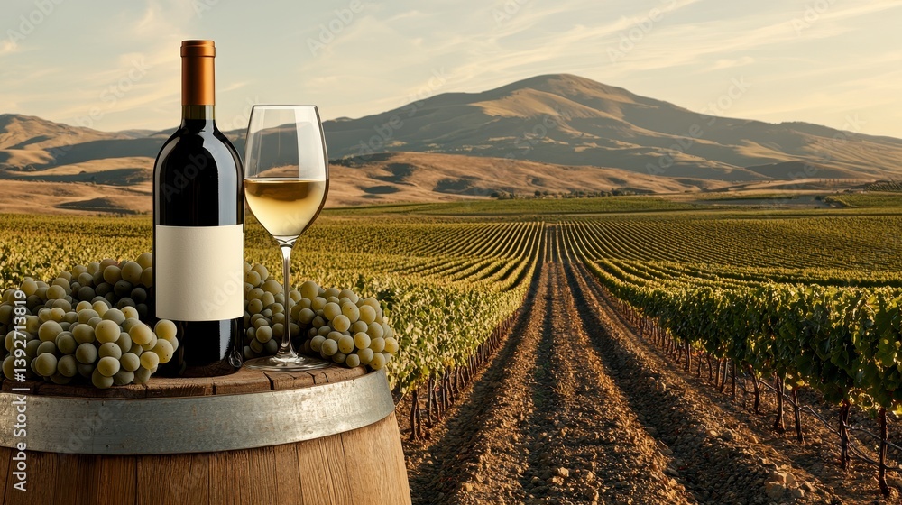 Fototapeta premium White Wine Bottle and Glass on Barrel in Sunlit Vineyard