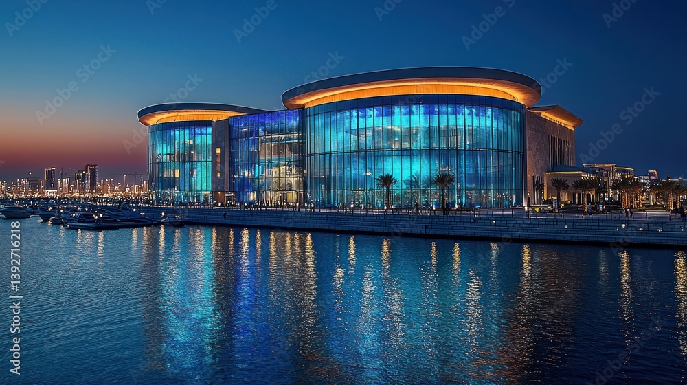 Spectacular illuminated architecture mirrored in calm waters at twilight hour Spectacular illuminated architecture mirrored in calm waters at twilight hour