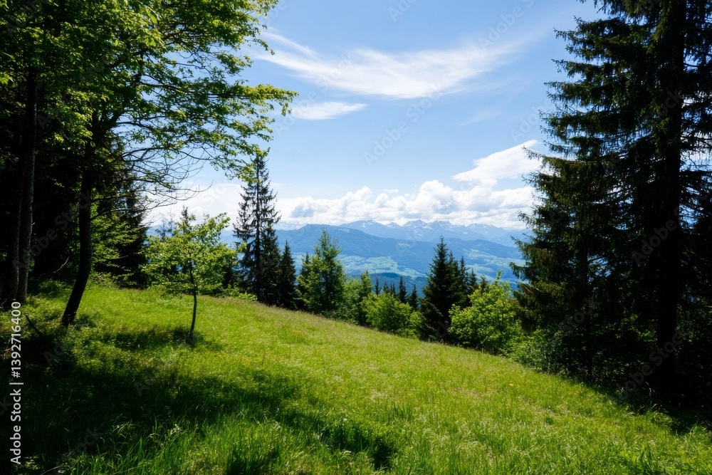 Mountain vista seen from a lush green meadow in bright sunlight Mountain vista seen from a lush green meadow in bright sunlight