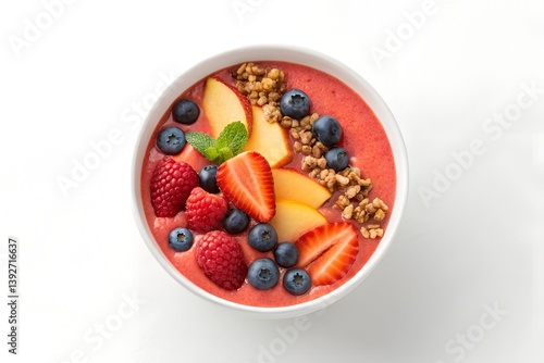 Pink Smoothie Bowl with Fresh Berries, Peach Slices, and Granola on White Background