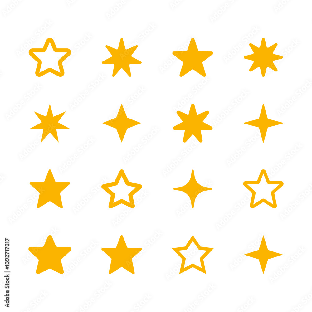 Stars icon collection. Different star shapes. Sparkle star icon set. Falling stars . Vector illustration Stars icon collection. Different star shapes. Sparkle star icon set. Falling stars . Vector illustration