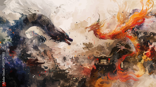 Magical vfx fantasy art blending us freedom allies and traditional japanese calligraphy in a colorful imaginative storytelling concept