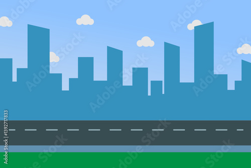 Vector city illustration with simple geometric flat style with cars on the roads - City landscape with buildings