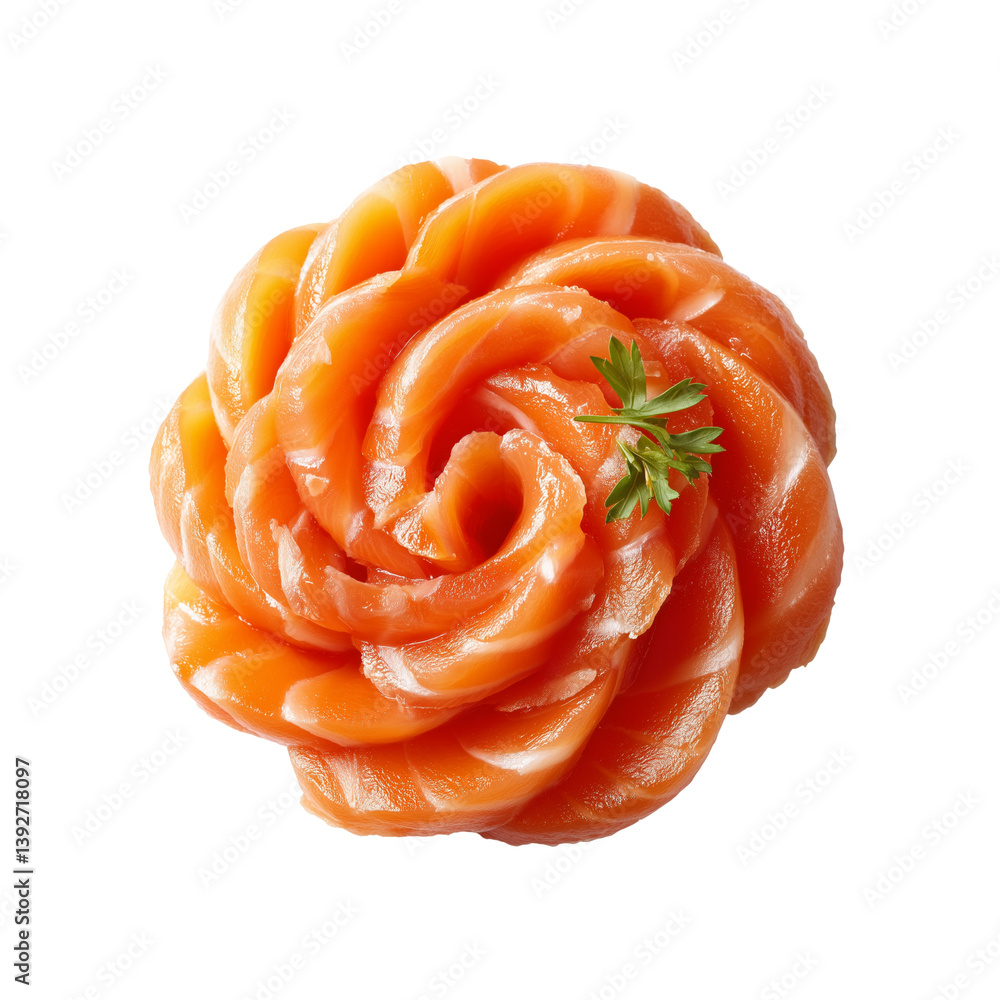 A beautifully crafted rose made of thinly sliced salmon, garnished with a small sprig of green herb. A beautifully crafted rose made of thinly sliced salmon, garnished with a small sprig of green herb.