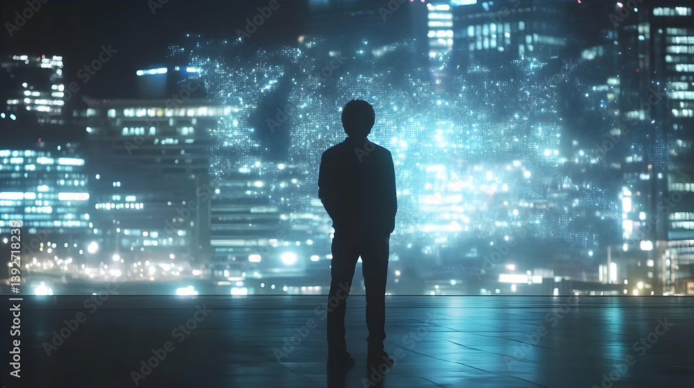 Man watching city fireworks at night Man watching city fireworks at night