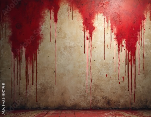 Red paint streaks down wall. Grunge horror texture art, blood like effect. Rough weathered surface, dripping blood. Dark background. Bloody art for crime, Halloween, horror scenes.