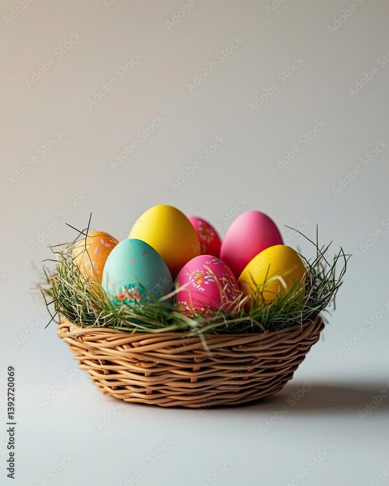 Colorful Easter eggs in a wicker basket Colorful Easter eggs in a wicker basket