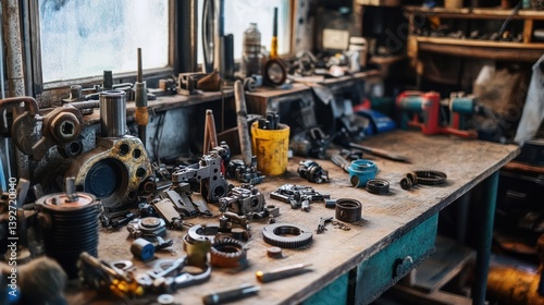 Mechanical workspace cluttered with tools and equipment, capturing the essence of repair and creation