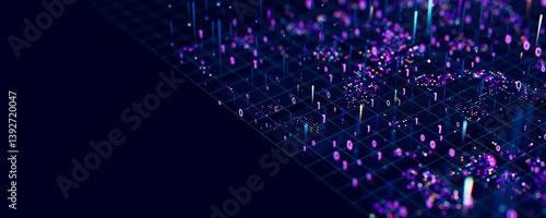 Macro of quantum computing technology. Digital patterns of big data. Microworld of LLM AI learning process. Nano technology presentation. 