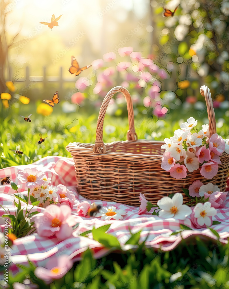 Enjoying springtime in a sunlit garden with a picnic basket surrounded by blooming flowers and dancing butterflies Enjoying springtime in a sunlit garden with a picnic basket surrounded by blooming flowers and dancing butterflies