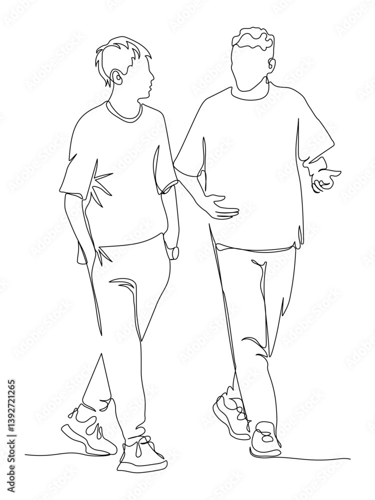 2 young men talking walking. Front view. Continuous line drawing. Vector illustration in line art style. 2 young men talking walking. Front view. Continuous line drawing. Vector illustration in line art style.
