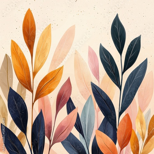 Wallpaper Mural A beautiful illustration features an array of stylized leaves in autumnal hues of orange, gold, pink, and deep blues against a textured beige background creating a sophisticated Torontodigital.ca