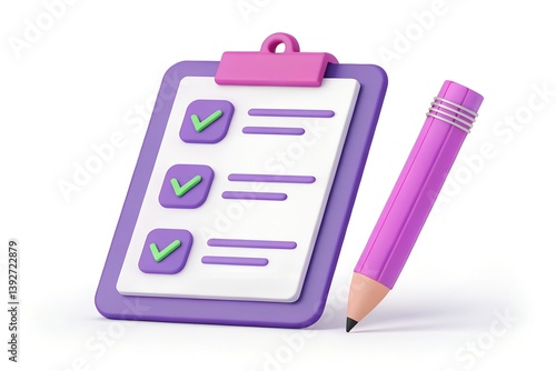 3D Clipboard with Checklist and Pink-Purple Pencil