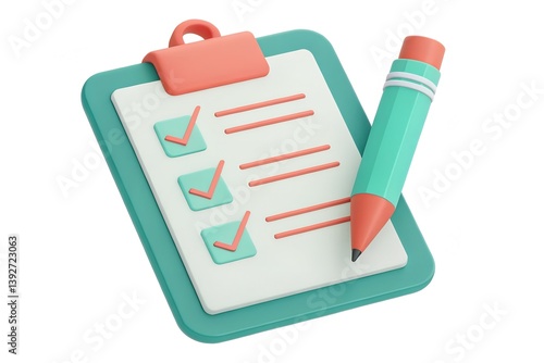 3D Clipboard with Checklist and Coral-Mint Pencil