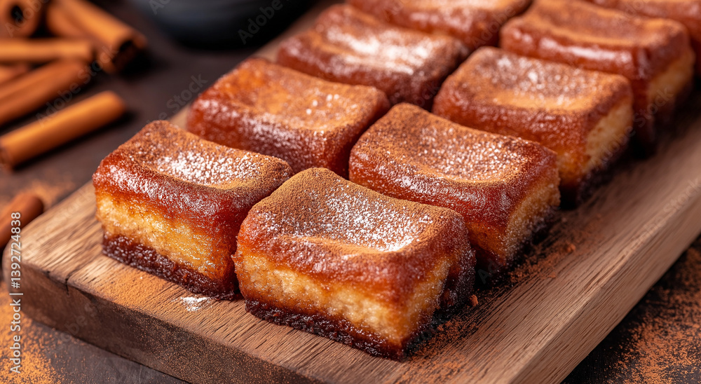 Brownies de churros em uma tábua de madeira com canela granulada Brownies de churros em uma tábua de madeira com canela granulada