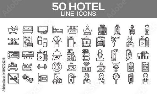 Hotel Line Icons Hospitality, Travel, Guest Services, Amenities
