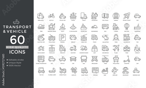 Transport & Vehicle Line Icons – Car, Bus, Airplane, Ship, Logistics, Scooter