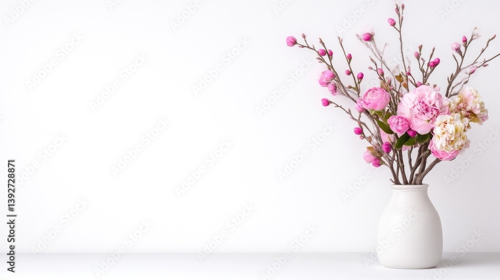 A white ceramic vase filled with delicate pink and white flowers on a minimalist white background, elegant floral arrangement, and serene and simple composition. A white ceramic vase filled with delicate pink and white flowers on a minimalist white background, elegant floral arrangement, and serene and simple composition.