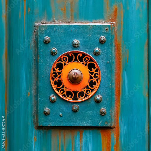[Vintage Rustic Blue Door with Floral Lock] Vintage Blue Door with Rusty Lock & Floral Metal Plate Against Faded Green Wall