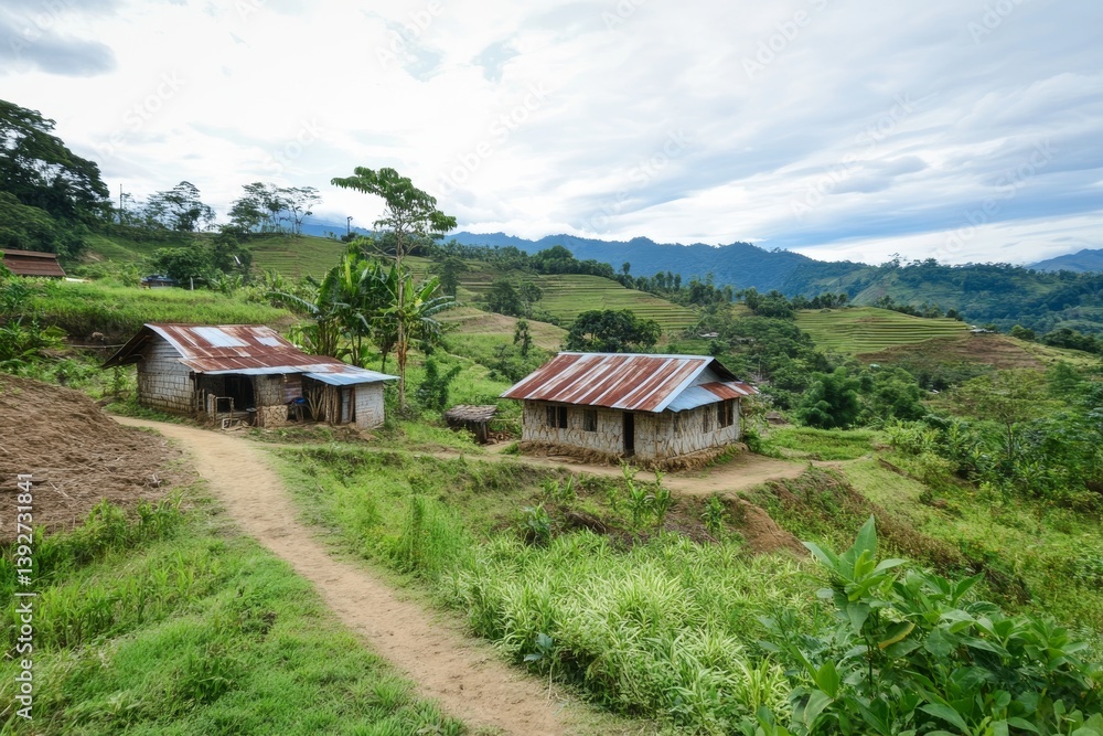 Rural settlement with huts on a green hillside, cloudy sky above Rural settlement with huts on a green hillside, cloudy sky above
