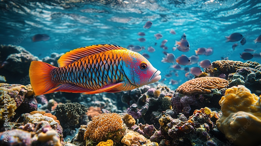 Fototapeta premium Vibrant underwater world featuring colorful fish amidst coral reef formations