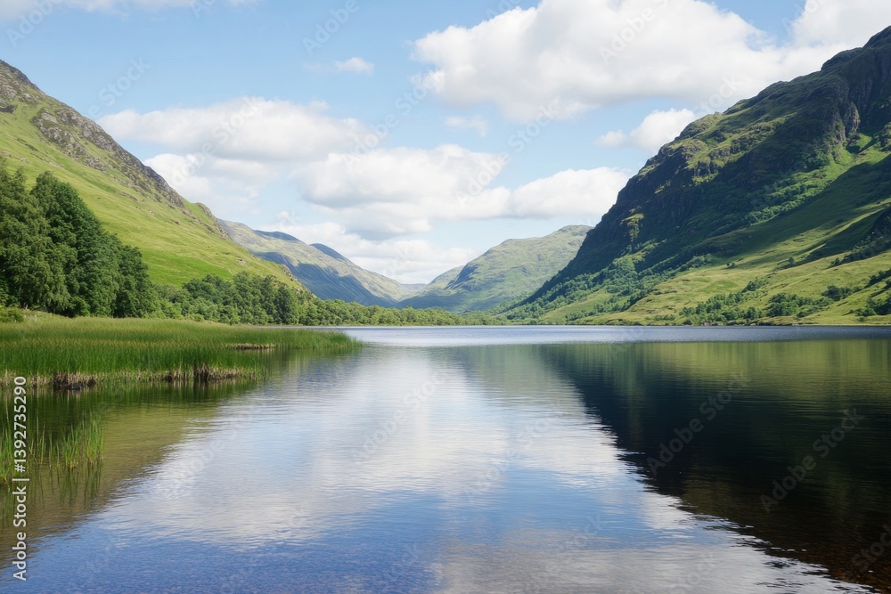 Serene lake between verdant hills under a partly cloudy sky, nature's calm Serene lake between verdant hills under a partly cloudy sky, nature's calm
