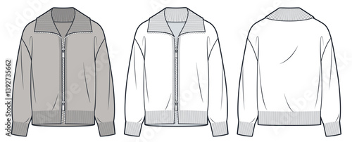 Zip-Up Jacket Technical Fashion Illustration. Cardigan Sweater fashion flat technical drawing template, front zipper, relaxed fit, front and back view, white, brown, women, men, unisex CAD mockup set.