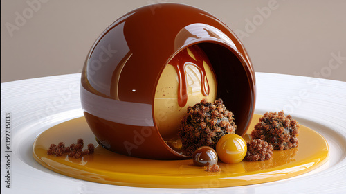 Fototapeta Naklejka Na Ścianę i Meble -  A chocolate sphere, created using molecular gastronomy techniques, is designed to dissolve when hot caramel is poured over it, unveiling a dessert inside.  