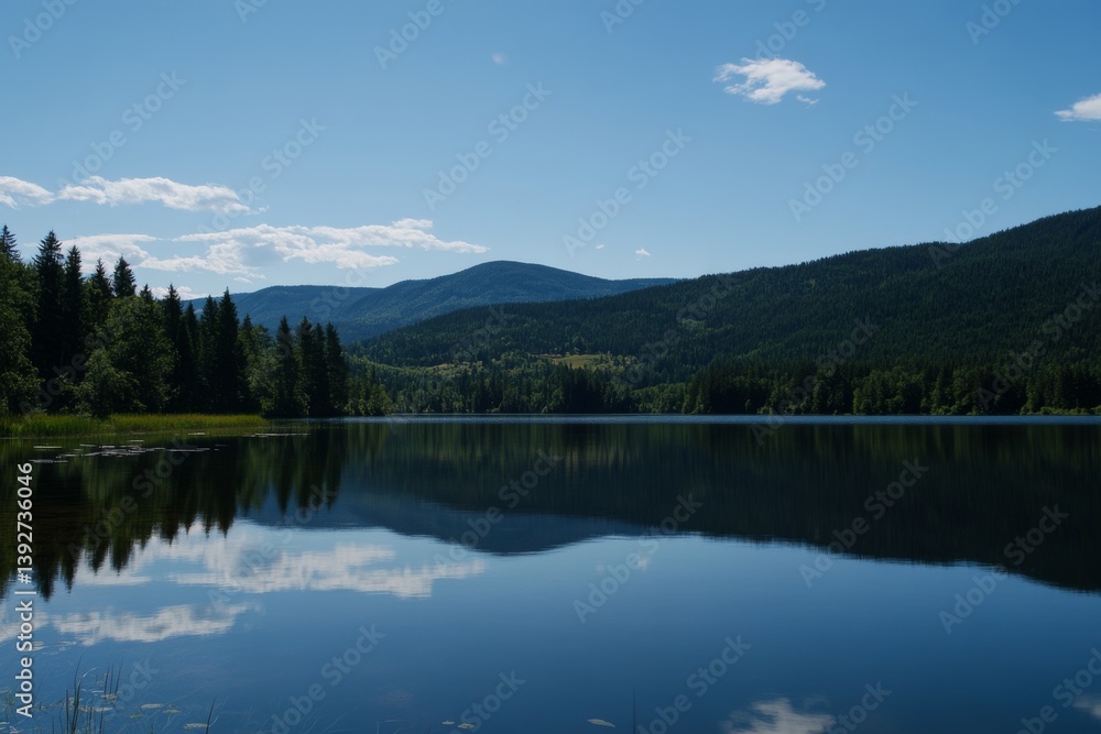 Serene lake reflecting mountains and forest under a bright blue sky Serene lake reflecting mountains and forest under a bright blue sky