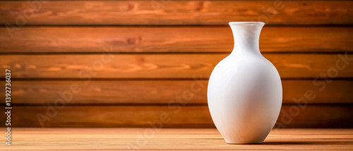 [Simple Chinese porcelain white vase on wooden surface] Chinese Porcelain Vase on Wooden Surface with Soft Light and Textured Backdrop Indoor Still Life Photo