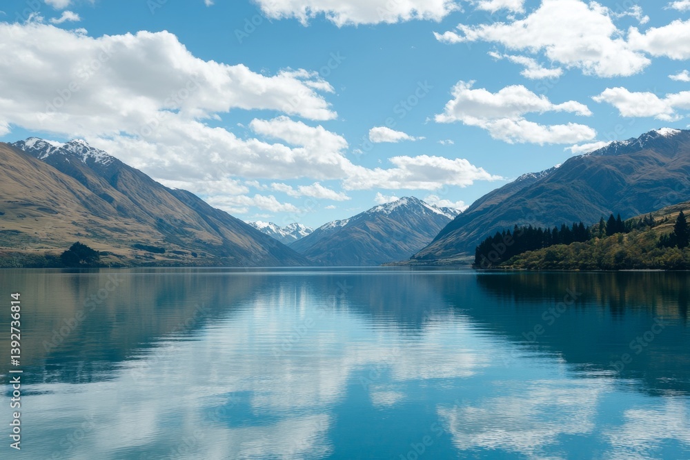 Serene lake reflects mountains under a blue sky with fluffy clouds Serene lake reflects mountains under a blue sky with fluffy clouds
