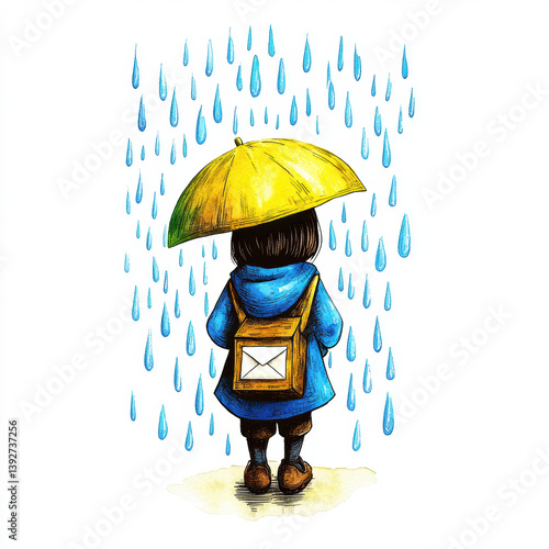 watercolor illustration of mail carrier in blue coat holding yellow umbrella under rain, evoking serene mood