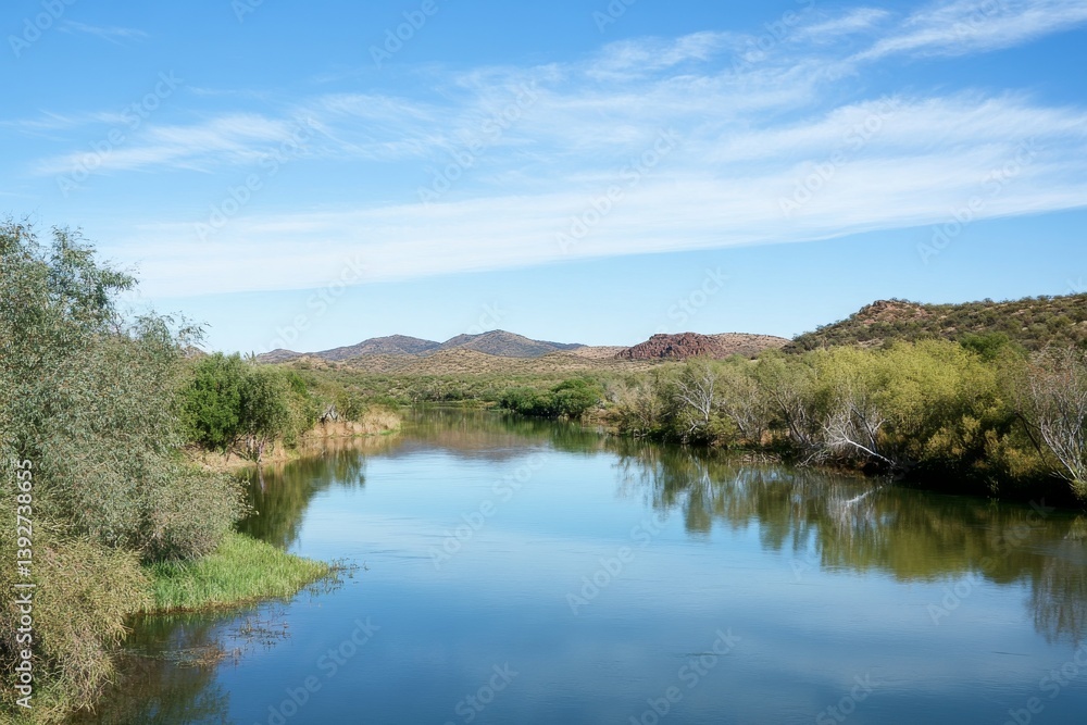 Serene river flows through arid landscape under a bright, blue sky Serene river flows through arid landscape under a bright, blue sky