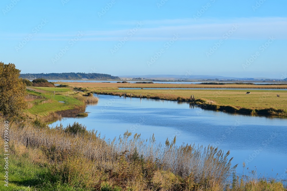 Serene waters flow through a grassy landscape under a bright, blue sky Serene waters flow through a grassy landscape under a bright, blue sky
