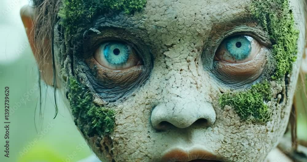 Enigmatic forest creature awakens with intensely vivid eyes and mosscovered face Enigmatic forest creature awakens with intensely vivid eyes and mosscovered face
