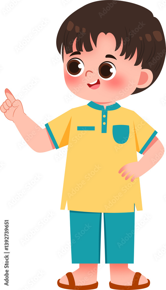 Joyful Boy in Yellow Shirt Pointing, Digital Illustration Joyful Boy in Yellow Shirt Pointing, Digital Illustration