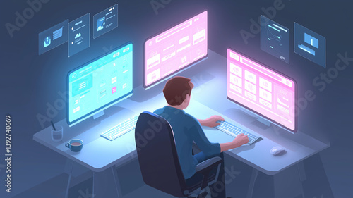 Wallpaper Mural person working at desk with multiple screens displaying digital interfaces, illustrating remote work setup. scene is illuminated by glow of monitors, creating focused atmosphere Torontodigital.ca