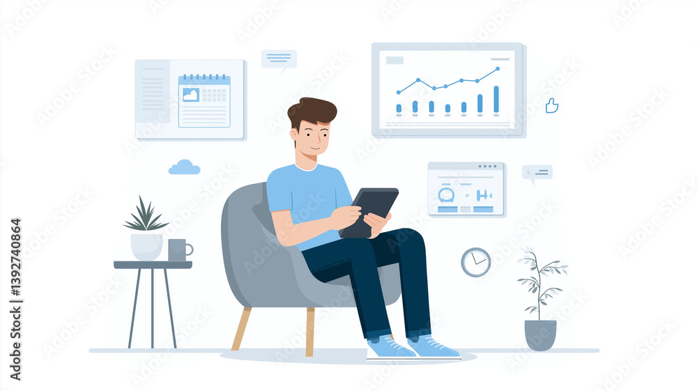 young digital entrepreneur sits comfortably with tablet, surrounded by graphs and charts, symbolizing growth and success in modern workspace young digital entrepreneur sits comfortably with tablet, surrounded by graphs and charts, symbolizing growth and success in modern workspace