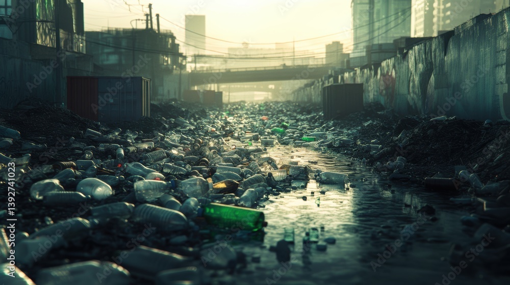 Mountains of garbage in city. Huge amount of garbage polluting the environment.