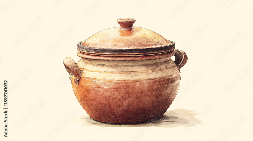 A classic earthenware pot, complete with a lid, used for traditional cooking methods and representing a cultural style of cuisine. A classic earthenware pot, complete with a lid, used for traditional cooking methods and representing a cultural style of cuisine.